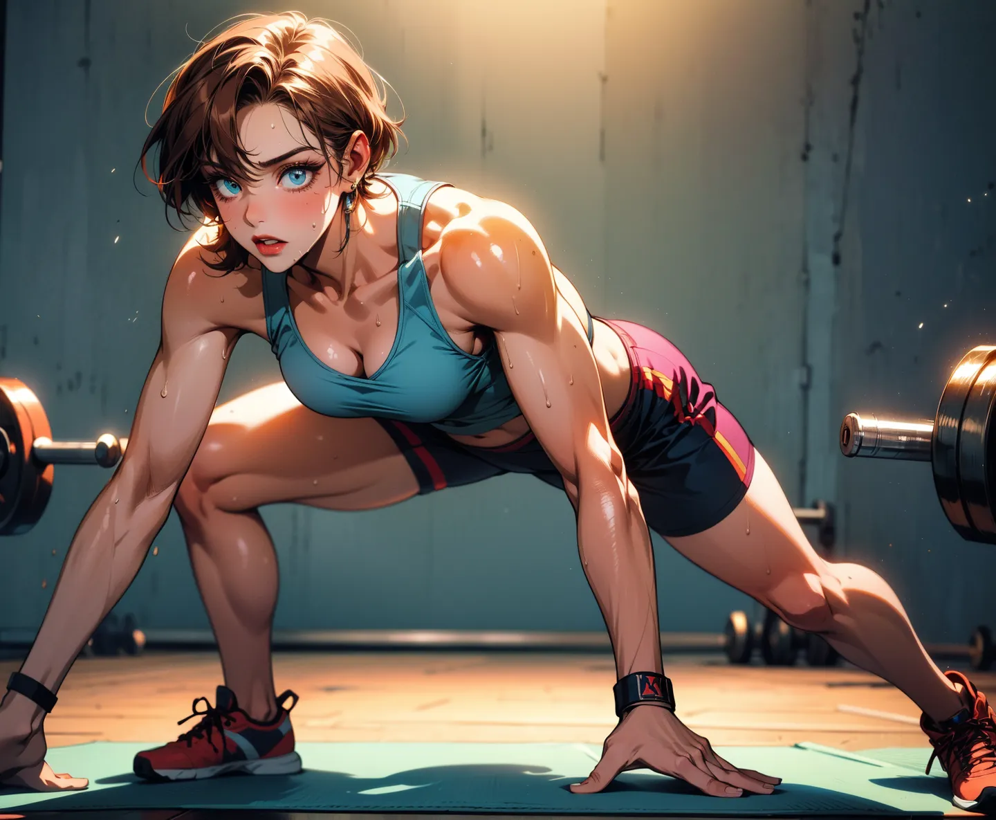 Eine fitte Frau mit kastanienbraunem, zerzaustem Haar und marineblauen Augen in Sportbekleidung, verschwitzt und muskulös, die sich auf einer Matte im Fitnessstudio mit Hanteln in der Nähe dehnt.