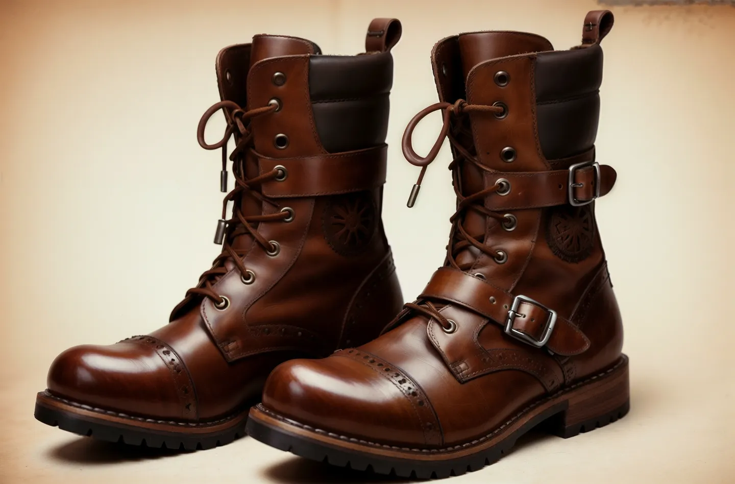 Pair of brown leather steampunk shoes featuring gears, straps, lace-up design, and buckles, set against a light background.