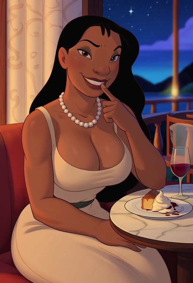 Mujer hawaiana nativa con piel oscura y cabello negro largo y ondulado, vistiendo un vestido largo crema y collar de perlas sentada en una mesa de restaurante con postre y vino, bajo un cielo estrellado.