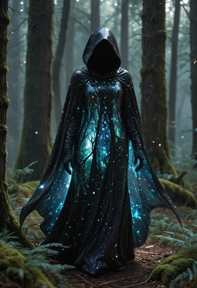 Mystical Forest with Obsidian Figure in Glowing Cloak - AI Image ...