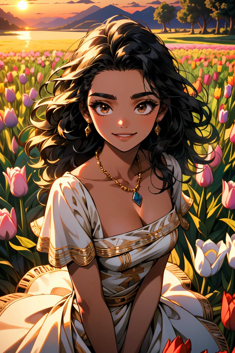 A smiling dark-skinned girl with black wavy hair wearing an elegant white dress with gold accents, sitting in a colorful tulip field during golden hour.