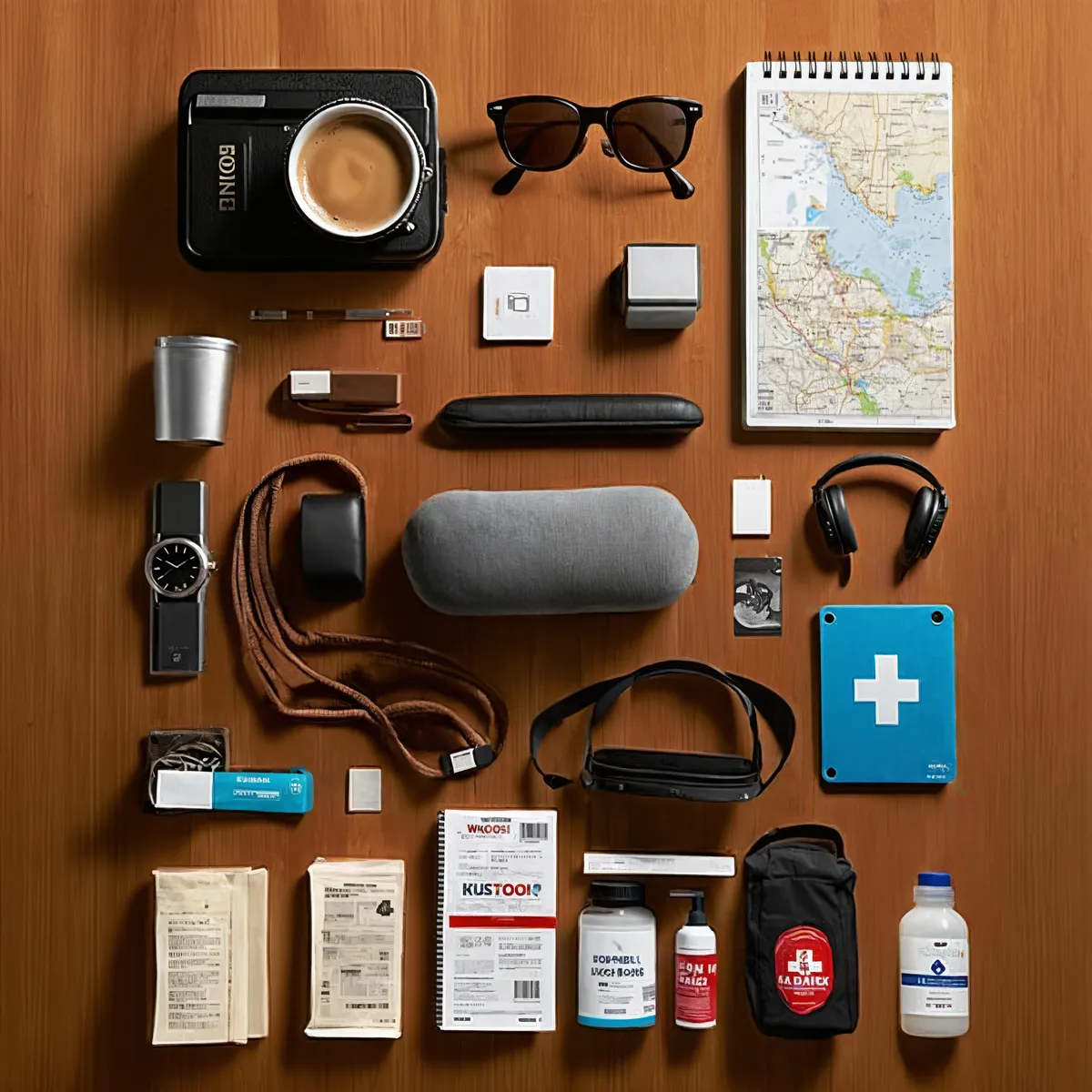 A neatly arranged travel flat lay on a wooden table featuring travel essentials including a passport, camera, sunglasses, map, travel journal, coffee cup, boarding pass, smartphone, charger, headphones, neck pillow, hand sanitizer, water bottle, snacks, watch, and a small first aid kit.