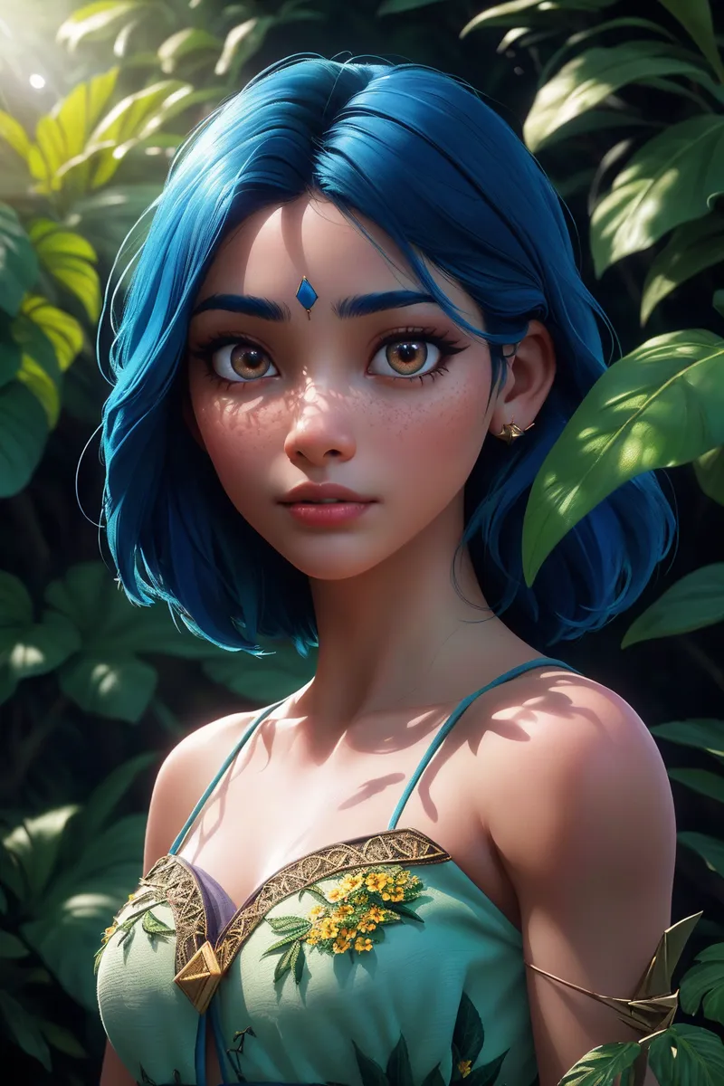 Retrato renderizado 3D hiper-realista de uma menina com cabelo azul em uma selva exuberante vestindo um vestido floral verde, luz do sol filtrando-se pelas folhas projetando sombras em seu rosto.