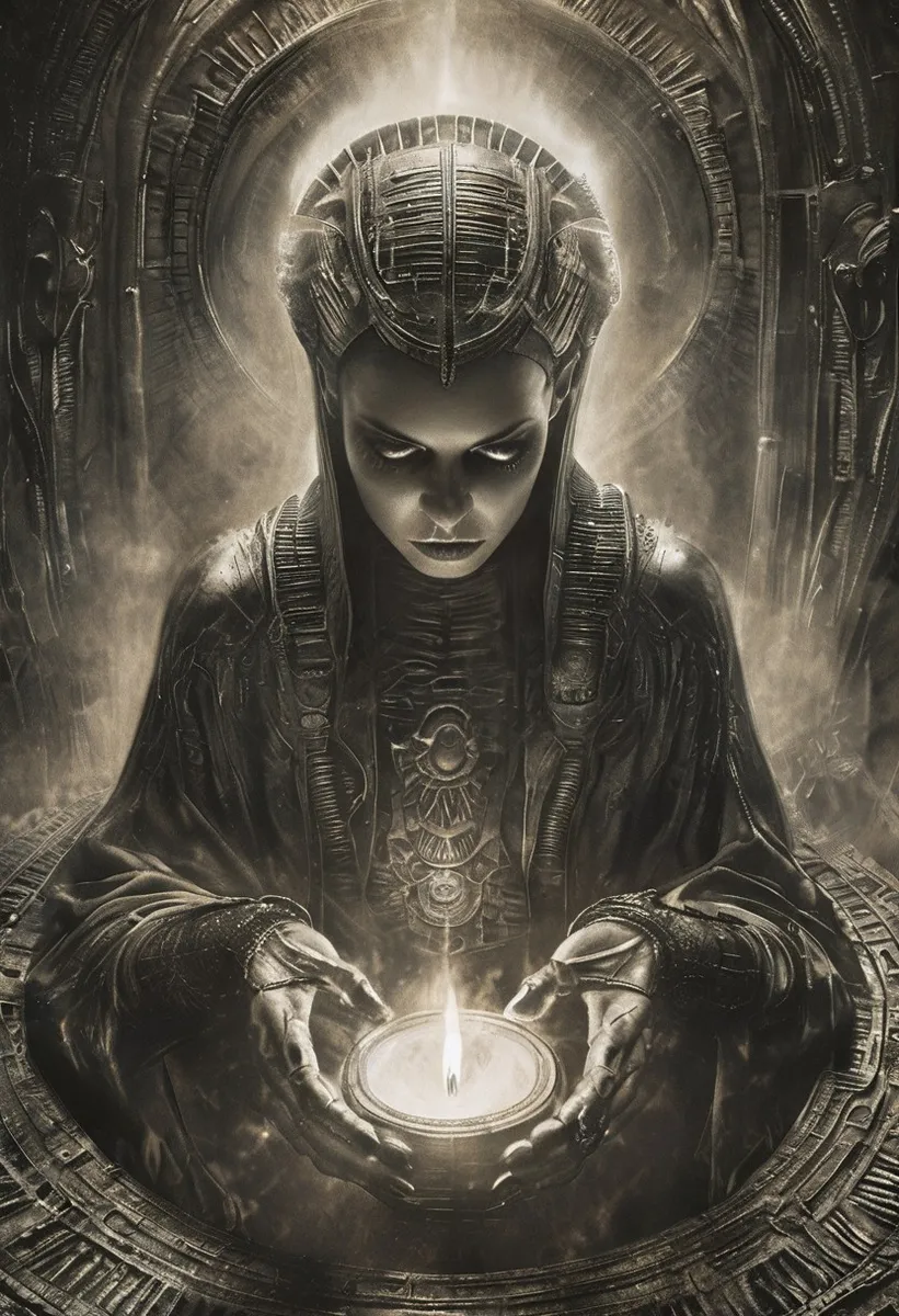 Sorcerer Performing Ritual in HR Giger Style - AI Image Gallery | Diffus