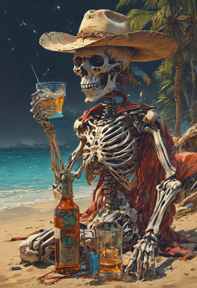 Ein Skelett trägt einen großen Cowboyhut und entspannt sich nachts an einem Sandstrand, hält ein Glas Whiskey, mit einer Flasche in der Nähe, umgeben von tropischen Palmen.