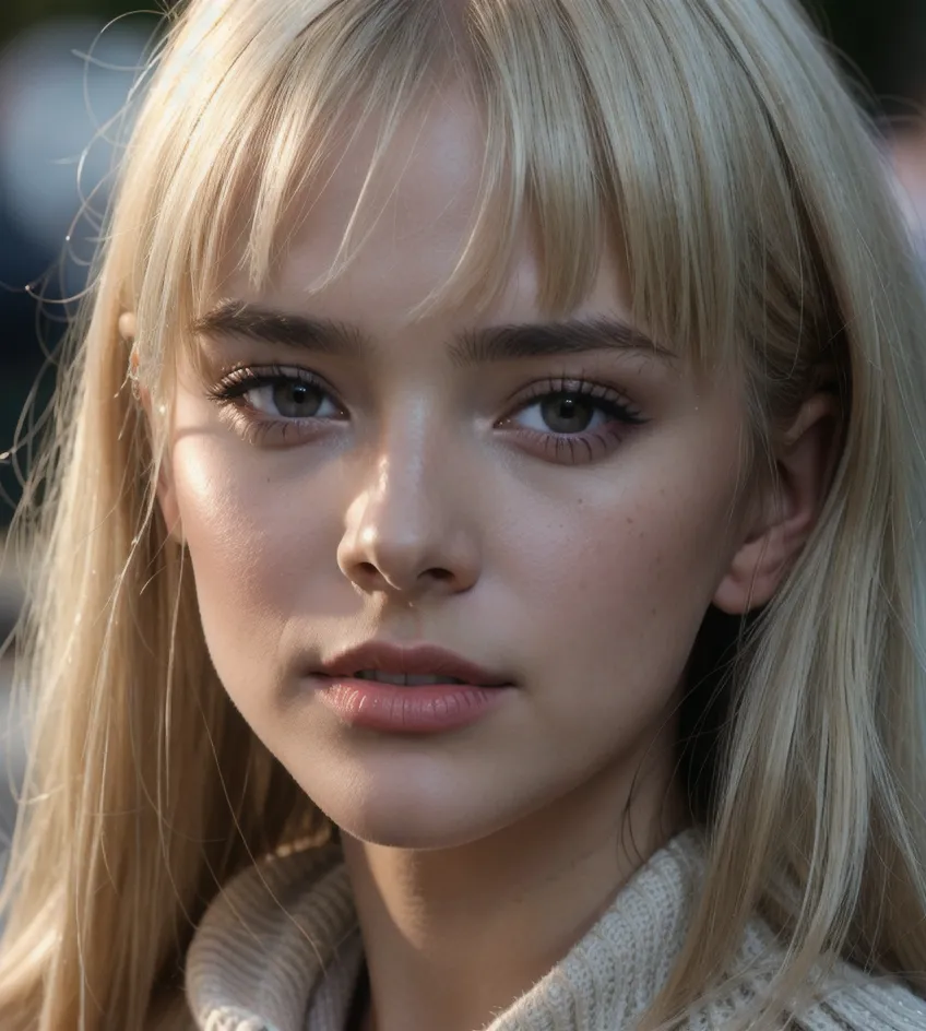 Ritratto in primo piano di una giovane donna con capelli biondo chiaro e trucco naturale, che indossa un maglione a trecce, che guarda direttamente la fotocamera con uno sfondo crepuscolare sfocato dolcemente.