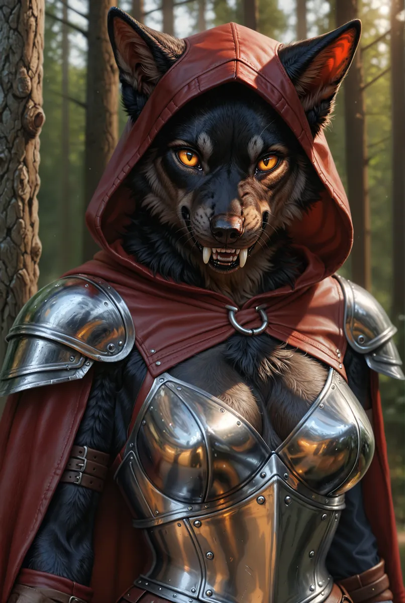 Fêmea Lobisomem Anthro com Capuz Vermelho e Armadura - Galeria de Imagens  AI | Diffus, image size:806x1200