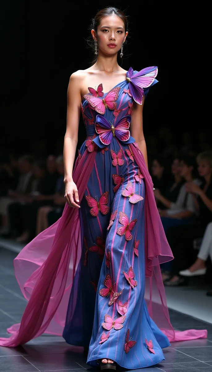 Modella in passerella indossa un abito da sera di alta gamma decorato con farfalle rosa e viola, camminando su una passerella di moda.