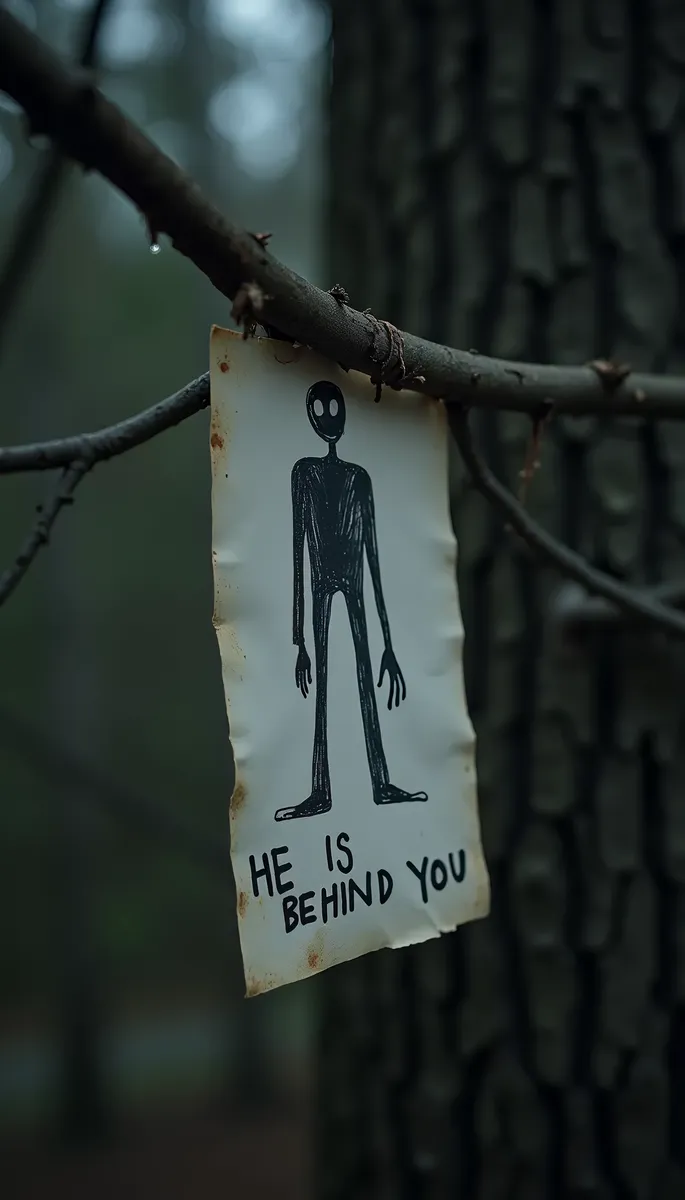 手繪Slender Man形象於一張泛黃紙上,附帶手寫訊息『HE IS BEHIND YOU』,掛在黑暗森林的樹枝上,夜晚場景。
