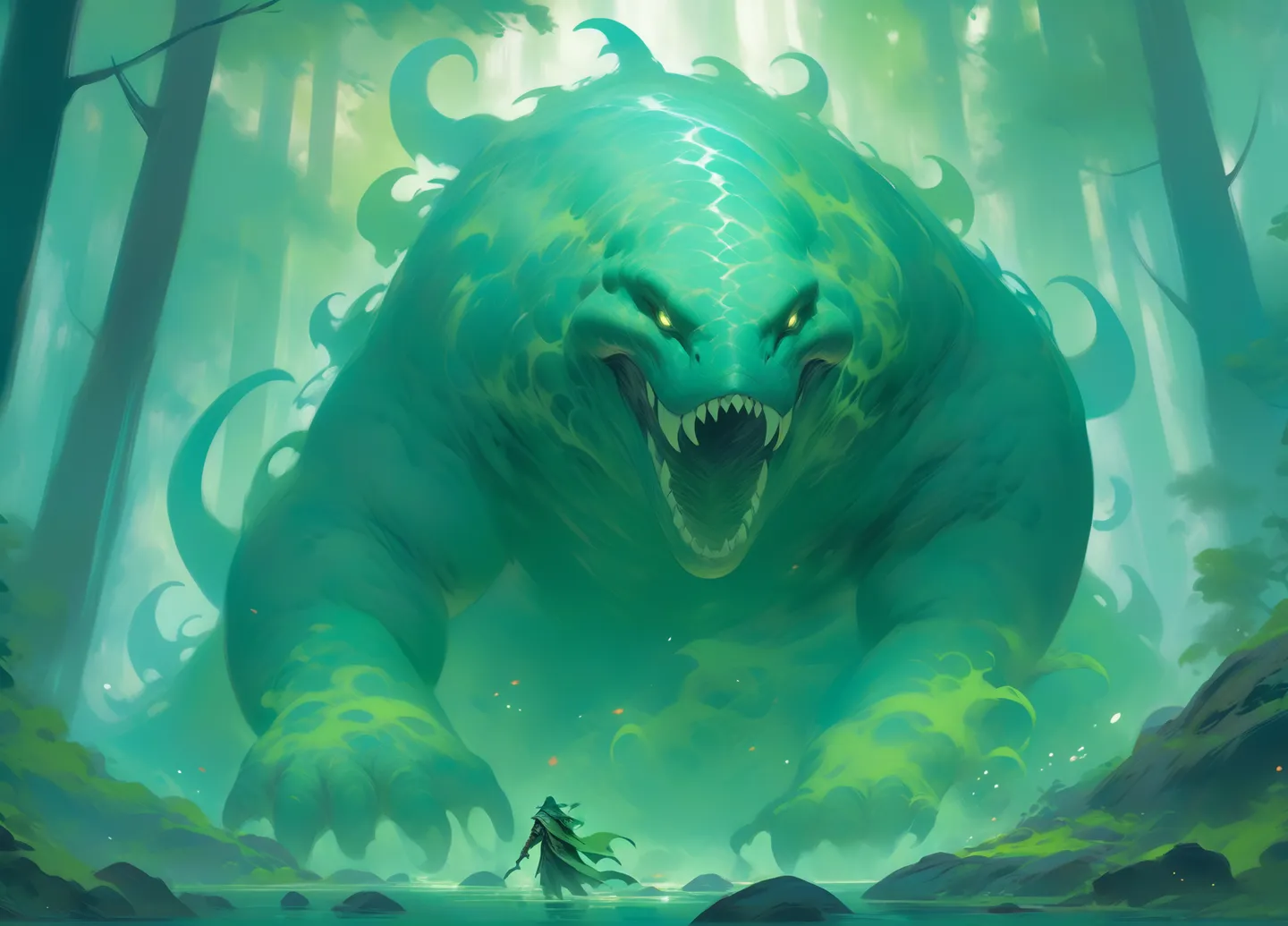 Ein riesiges, mit Moos bedecktes Land Whale Monster mit scharfen Zähnen und leuchtenden Augen in einem magischen grünen Wald, das einer einzelnen vermummten Gestalt gegenübersteht.