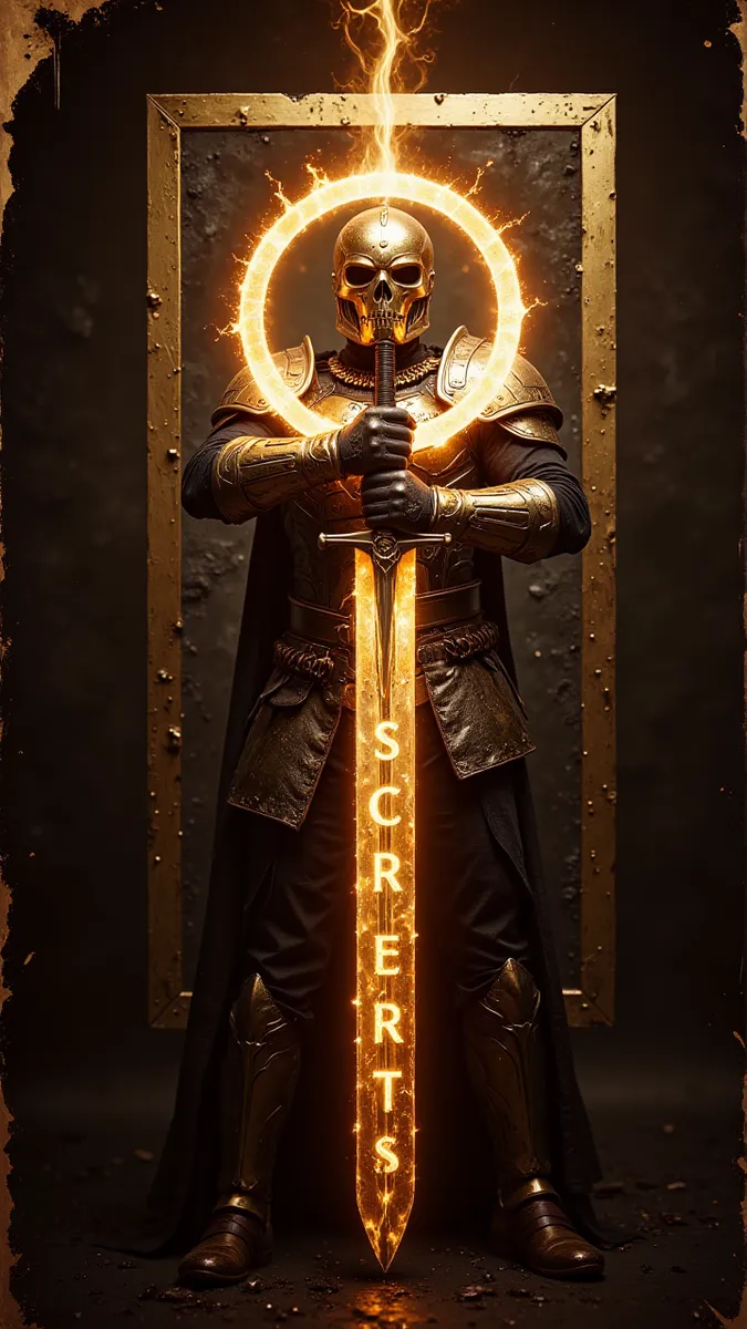 A warrior in bronze armor wearing a skull helmet stands holding a fiery glowing sword engraved with the word 'SECRETS'. A golden ring of fire surrounds the helmet. The warrior is framed by a weathered bronze frame.