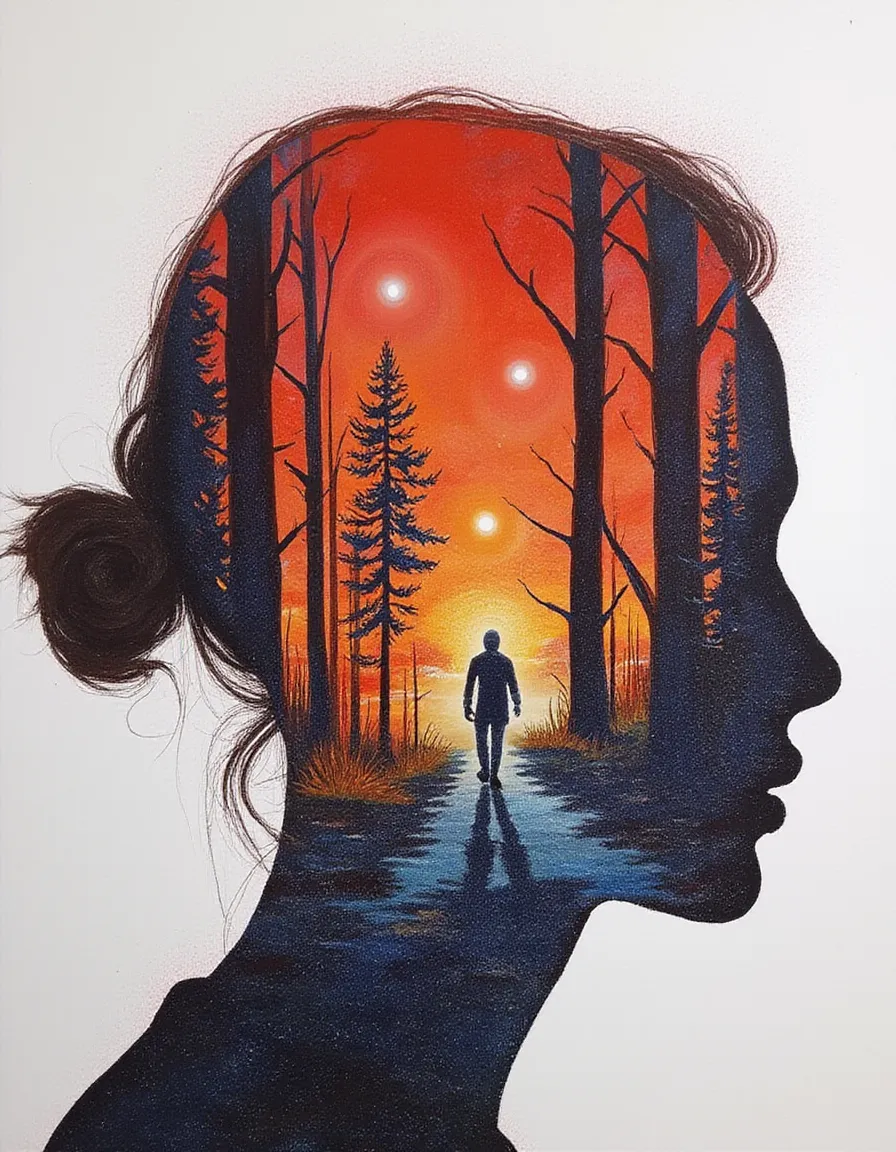 Double exposure image featuring a woman’s profile silhouette filled with a vibrant forest fire scene, showing a man walking along a path under a glowing red-orange sky with silhouetted trees.