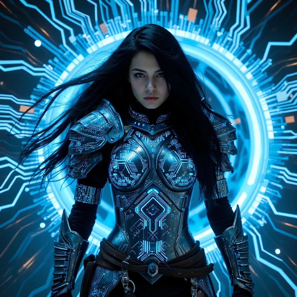 Female Warrior in Futuristic Blue Circuit Armor - AI Image Gallery | Diffus