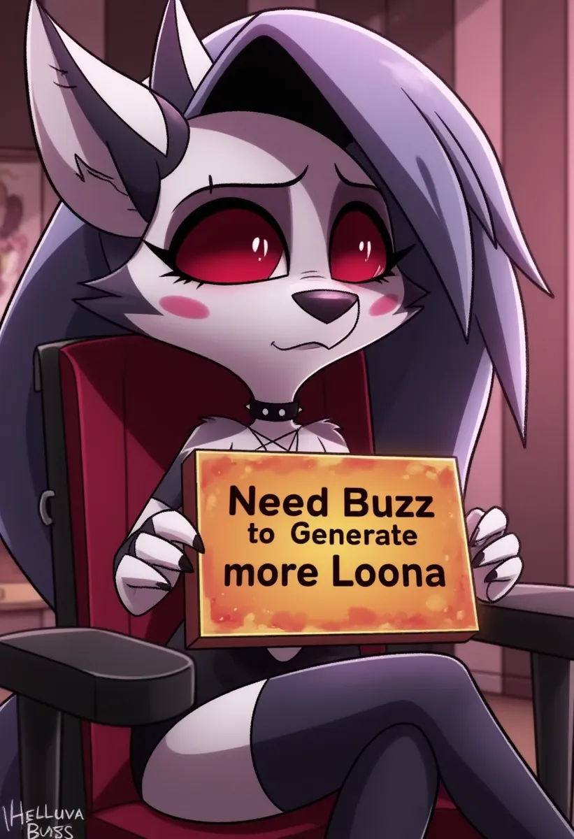 ゲーミングルームの中でゲーミングチェアに座り、悲しい大きな赤い目をしたHelluva BossのLoonaが「Need Buzz to generate more Loona」という炎の看板を持っている。