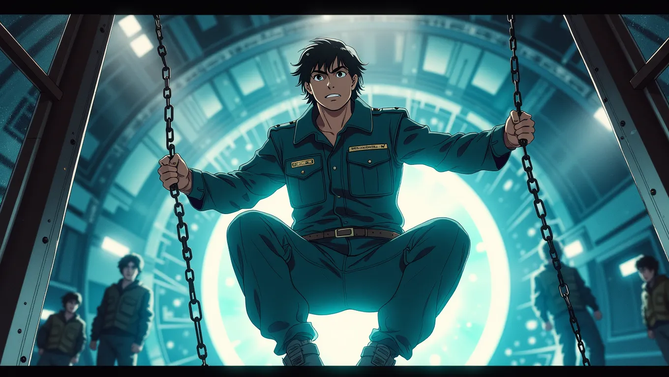 A young man in a futuristic jumpsuit, sitting while holding chains, inside a glowing circular high-tech space prison cell with guards in the background, anime style.