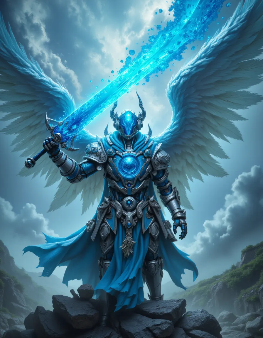 Ein schwer gepanzerter Engel mit großen weißen Flügeln, der ein leuchtendes blaues Gottesschwert führt und kampfbereit mit dem Himmel im Hintergrund steht.