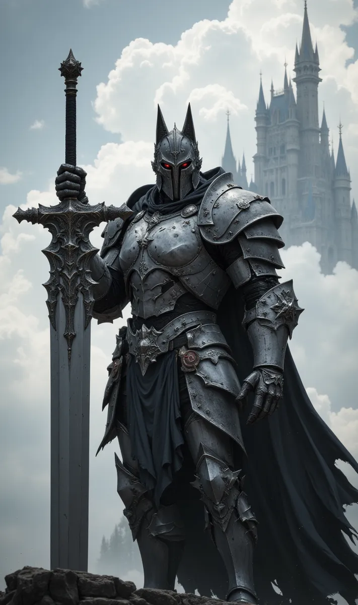 A gray knight wearing detailed wolf-themed armor with glowing red eyes, holding a large gray sword upright, standing in front of a giant gothic castle under a cloudy sky, with a dark flowing cape.
