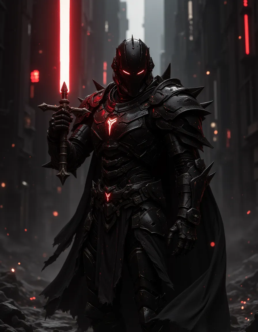 Ein schwarzer Cyborg-Ritter in stacheliger Cyborg-Rüstung führt ein leuchtendes rotes Laserschwert in einer dunklen, futuristischen Stadt mit roten Lichtern und hohen schwarzen Gebäuden unter kinoreifer Beleuchtung.