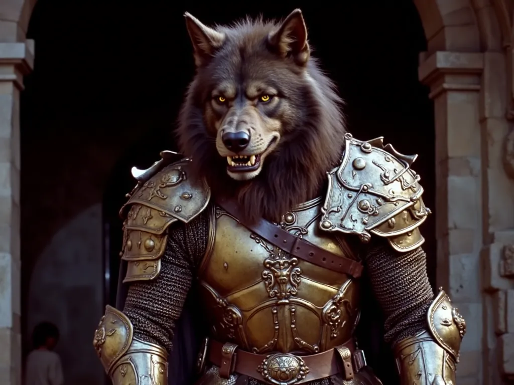 Anthropomorphic wolf character wearing detailed ornate medieval armor with chainmail and leather elements, standing against a dark shadowy background.