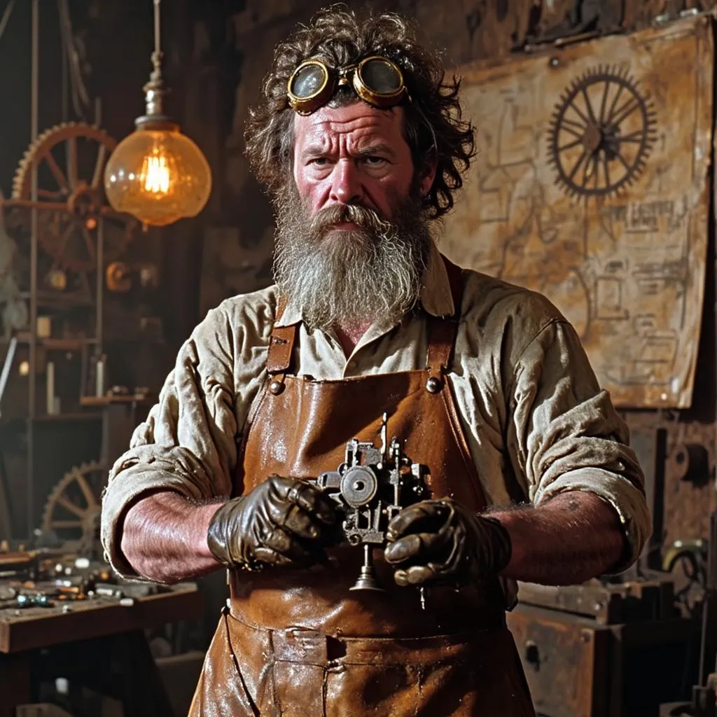 Bearded steampunk inventor with wild curly hair and brass goggles, wearing a leather apron and gloves, holding a small intricate mechanical device in a workshop filled with gears and blueprints.