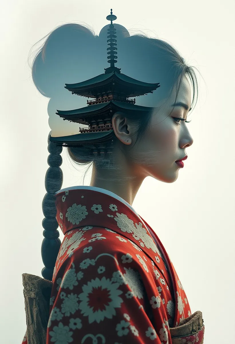 日式巫女與雙重曝光神道神社 - AI 圖像畫廊 | Diffus