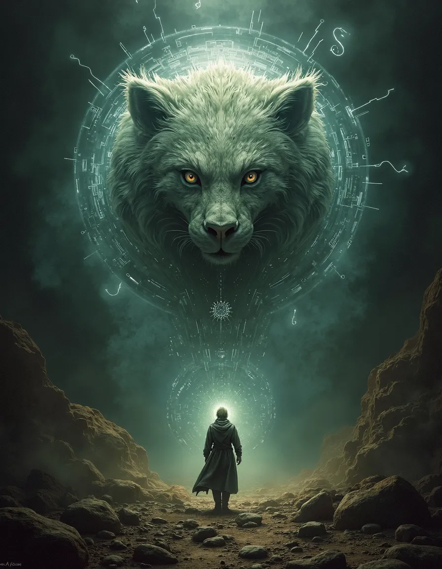 A glowing wolf head surrounded by intricate circuitry forms a vortex above a mysterious figure standing on rocky terrain under a dramatic, dark sky.