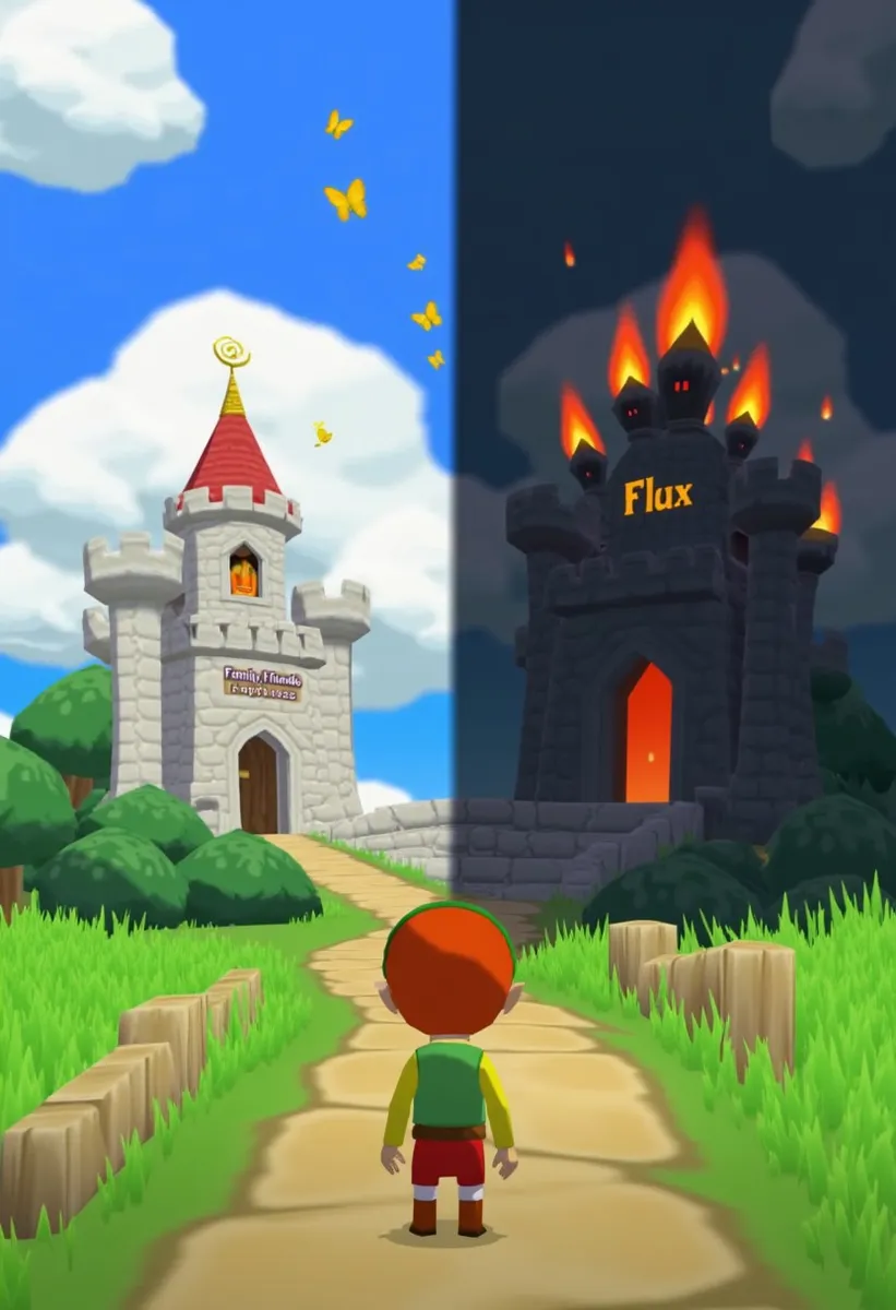 Cartoony Szene im Windwaker-Stil zeigt einen kleinen Jungen, der an einer Weggabelung mit zwei Burgen steht: eine helle mit der Aufschrift Familie, Freunde, Glück; und eine dunkle feurige mit der Aufschrift Flux.
