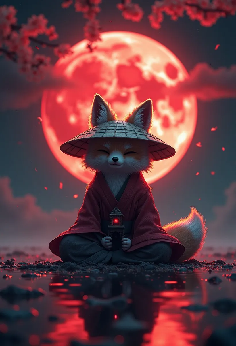 A fluffy ninja fox wearing a large sedge hat and flowing feudal garb meditates in a lotus position against a glowing red moon with petals falling around in a serene Japanese-inspired scene.