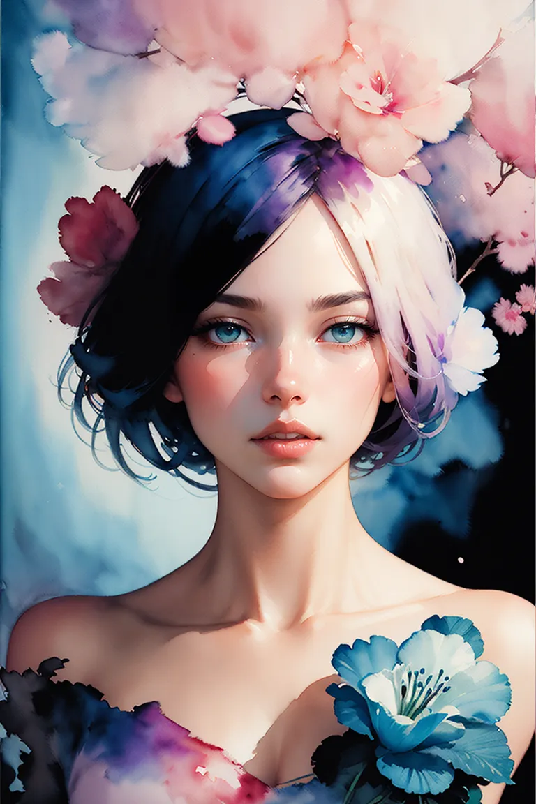 Ritratto di una ragazza con occhi azzurri intensi e capelli bicolore scuri e bianchi adornati da morbidi fiori rosa di Lisianthus, dipinto in uno stile sognante ad acquerello.