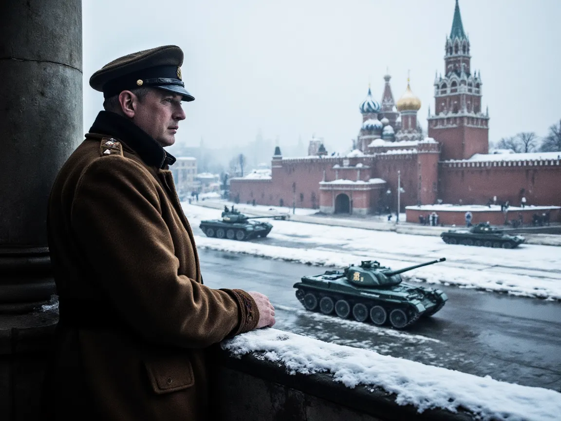 Side view of a Soviet military general wearing a long coat and cap, observing tanks passing by on a snowy Red Square with the Kremlin in the background under dramatic winter lighting.