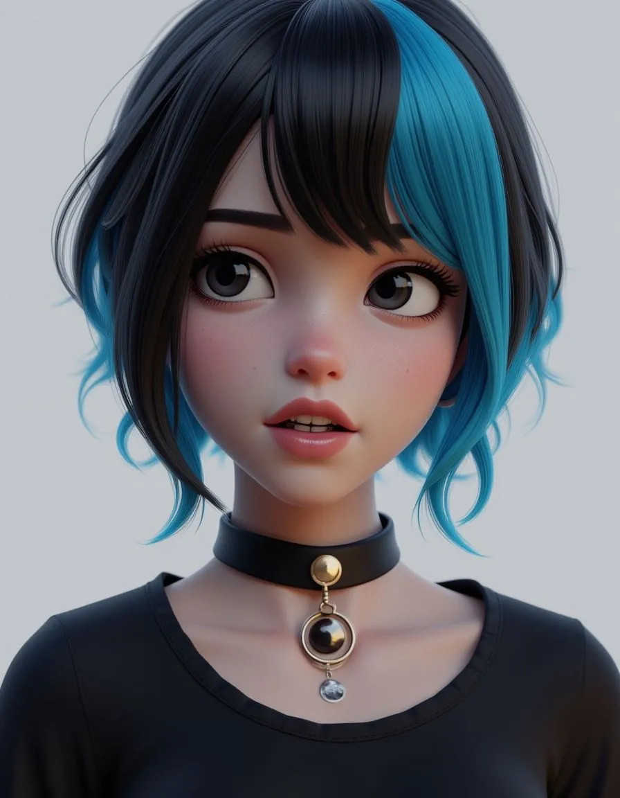 Render 3D di una ragazza con capelli corti bicolore blu e neri, che indossa un collarino gotico e una maglietta nera, che guarda di lato con uno sfondo semplice.