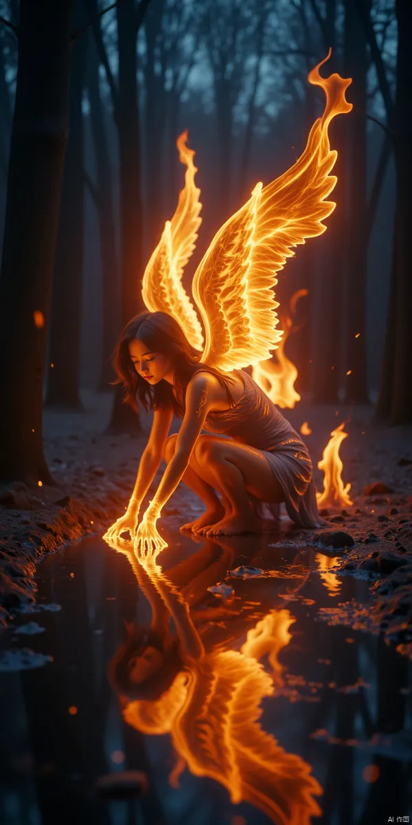 A woman with wings made of glowing flames crouches by a reflective water puddle in a dark forest, her fiery hands touching the water's surface.