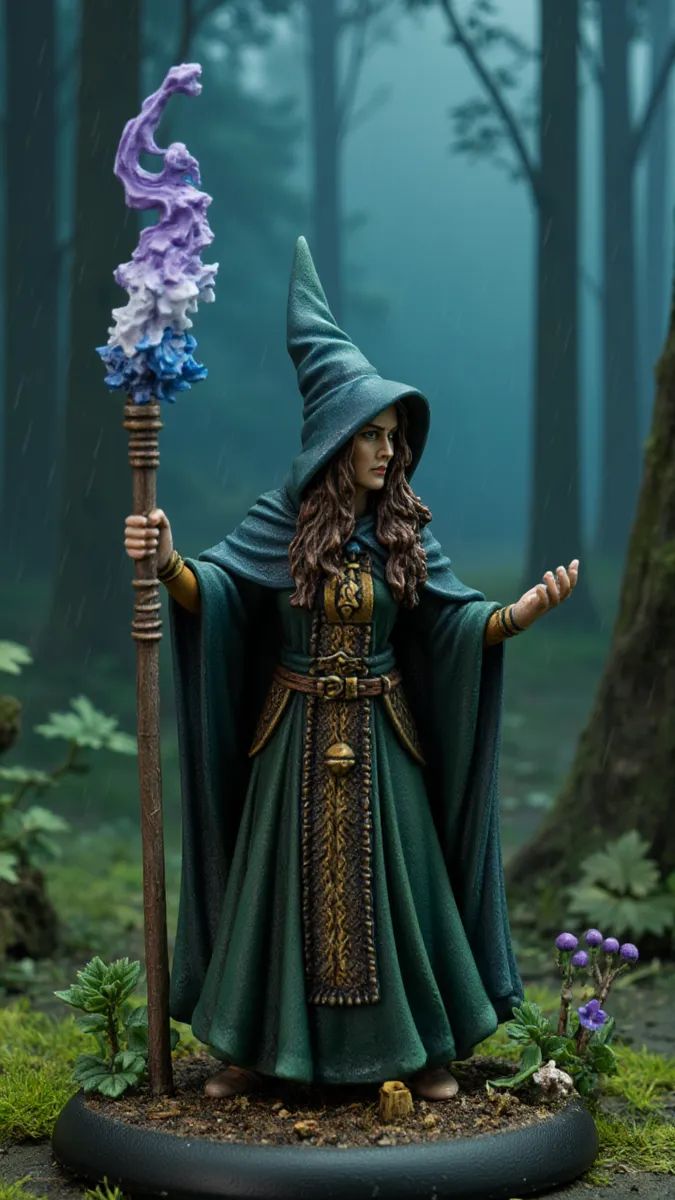 Detailed tabletop miniature of a sorceress wearing flowing robes and a pointed hood, casting a spell in a rainy, stormy forest with a magical staff topped with purple and blue flames.