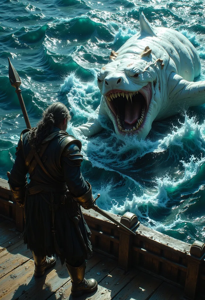 One-legged whaler captain on 19th century ship deck wielding harpoon, confronting an angry white sperm whale attacking the ship in turbulent sea.