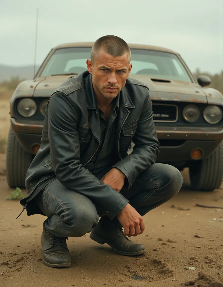 A man with a buzzcut wearing a dirty leather jacket squats on sandy ground in a desolate wasteland. Behind him, a rusty black Dodge Challenger with an oversized engine and exposed pipes stands with a 'flux' license plate.