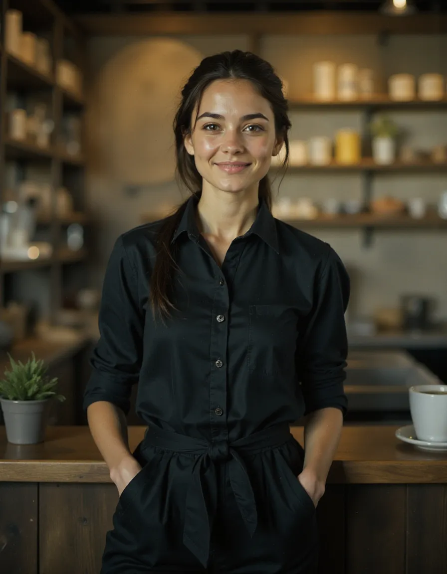 Joven barista femenina de pie detrás de un mostrador rústico de cafetería, vistiendo una camisa negra abotonada y un delantal negro, sonriendo suavemente con maquillaje natural y cabello recogido.