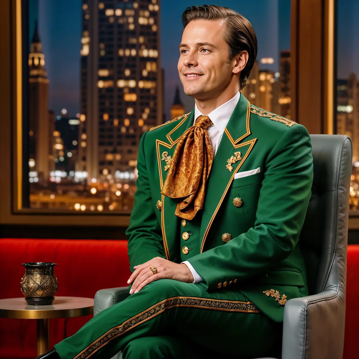 A male Capitol host dressed in an emerald green tailored suit with gold embroidery and a patterned gold cravat, seated in a modern chair with a city skyline at night in the background.