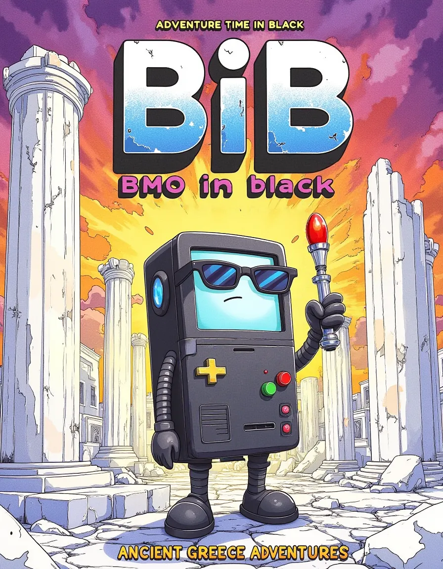黒いサングラスをかけたBMOキャラクターが、赤い先端のクロム製スティックを持ち、劇的でカラフルな空の下、古代の大理石の柱の間に立っている。パルプフィクションカバースタイル。