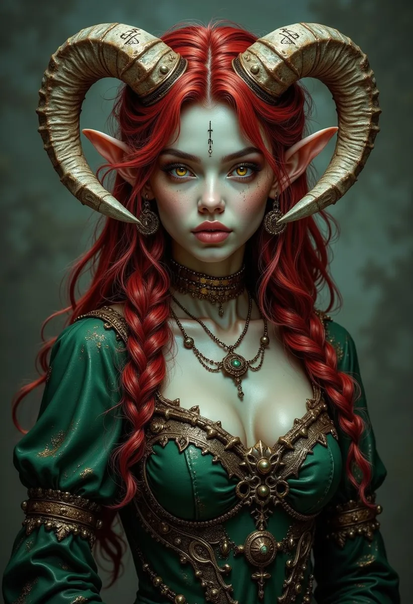 Uma tiefling feminina de fantasia sombria com grandes chifres de carneiro curvando ao redor da cabeça, cabelo trançado vermelho sangue, pele azul pálida, olhos amarelos penetrantes, vestindo um vestido verde elegante adornado com elementos de bronze intrincados.
