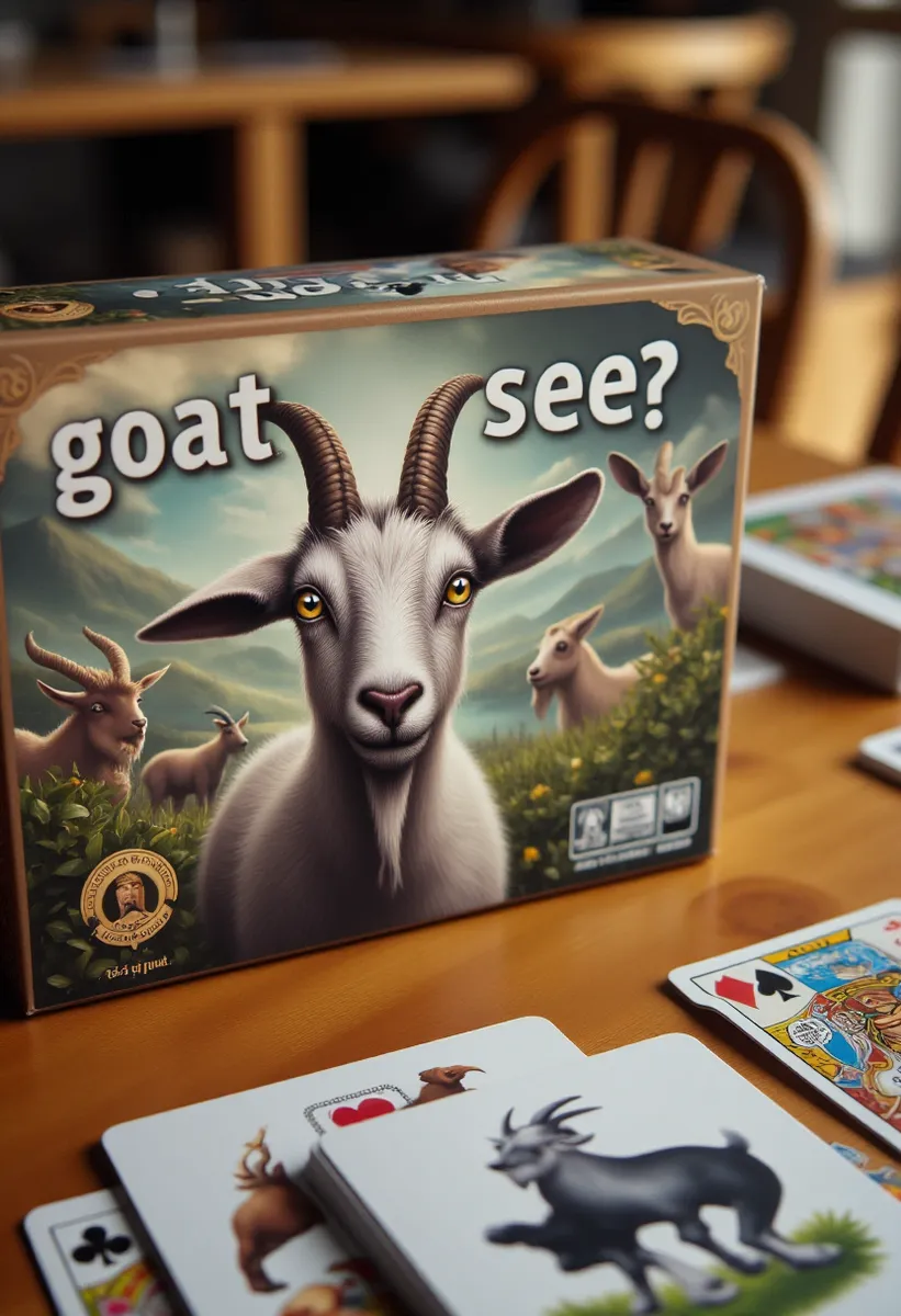 Card game box titled 'goat, see?' with a detailed illustration of a winking goat on the front, placed on a wooden table with playing cards visible around it.