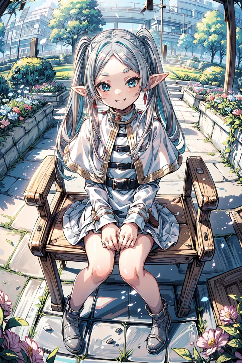 Garota elfa em estilo anime detalhado com olhos aqua e rabo de cavalo duplo sentada em um banco de jardim de madeira cercado por flores e vegetação sob luz suave.