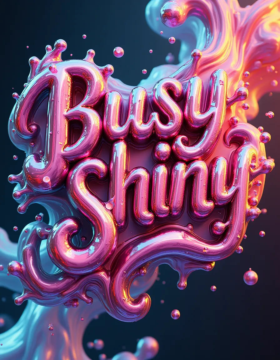 3D flowing liquid text saying BusyShiny in shiny, colorful, and reflective style with liquid droplets around.