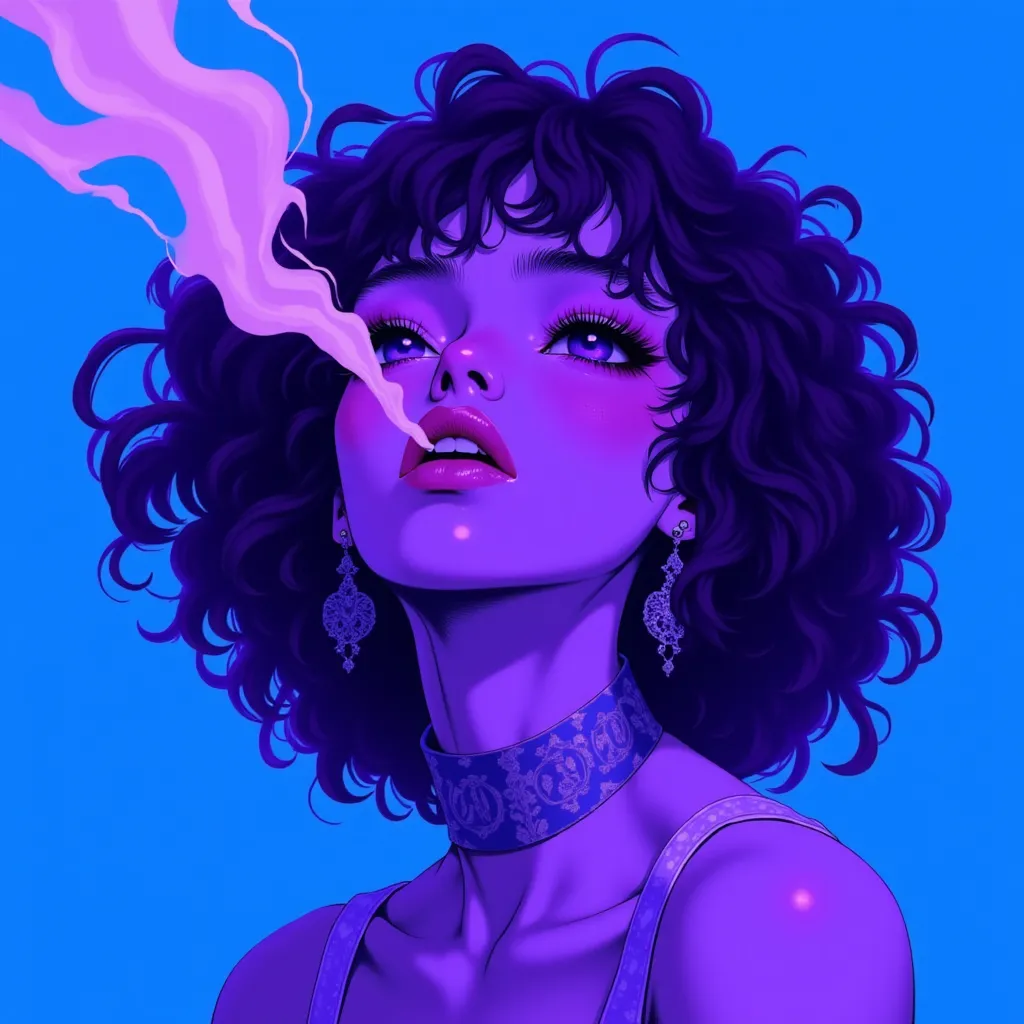 Um retrato digital em estilo anime de uma mulher com cabelo escuro cacheado e pele roxa, exalando fumaça rosa pastel contra um fundo azul vívido. Ela usa brincos elegantes e uma gargantilha estampada.