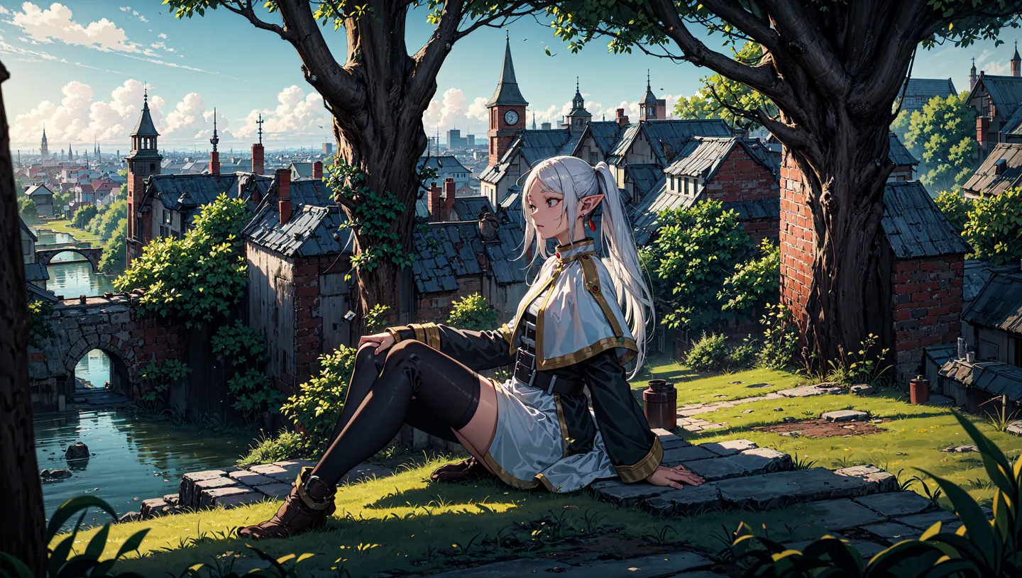 Garota elfa com cabelo branco longo e capa branca sentada em degraus de pedra perto de um muro de tijolos com vista para uma paisagem urbana medieval sob um céu azul.