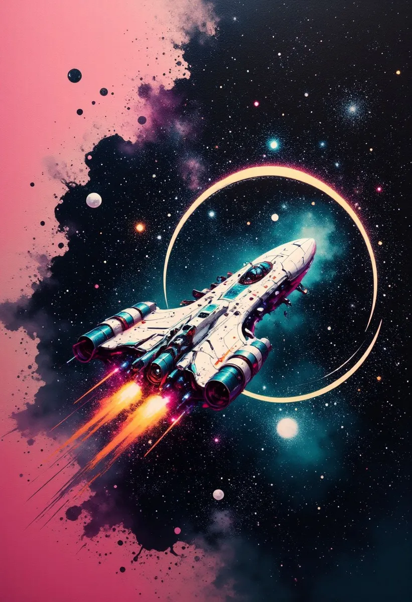 A sleek spaceship flying through vibrant interstellar space with neon gradient colors, surrounded by stars and nebulas in an abstract oil painting style.