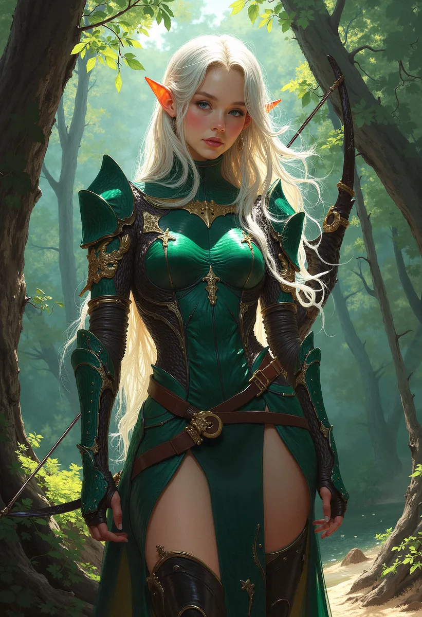 Female Elf in Emerald Armor with Bow - AI Image Gallery | Diffus