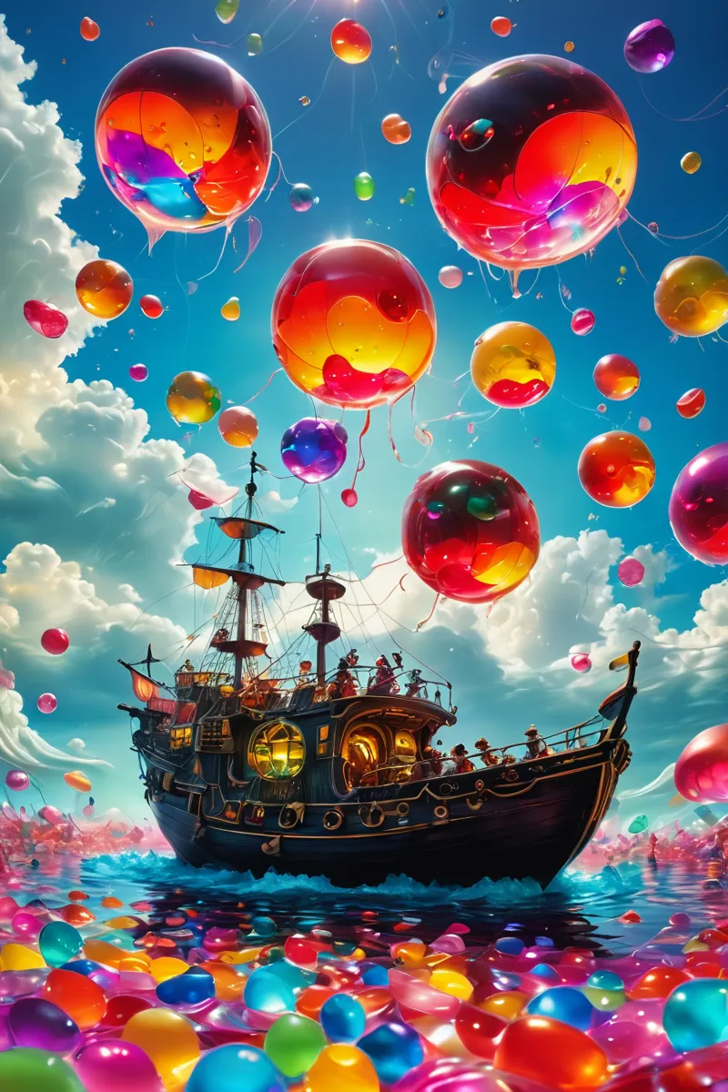 A pirate ship sails beneath a bright blue sky filled with giant floating jelly beans and disco balls, surrounded by vibrant, colorful jelly beans on the water surface.