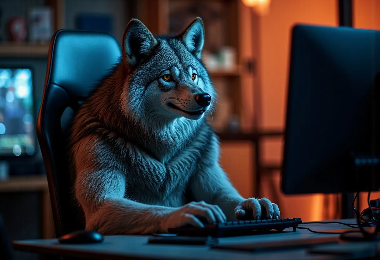 Anthropomorphic chubby muscular wolf sitting on a gaming chair typing on a keyboard with a cabin and mechanical equipment style background.