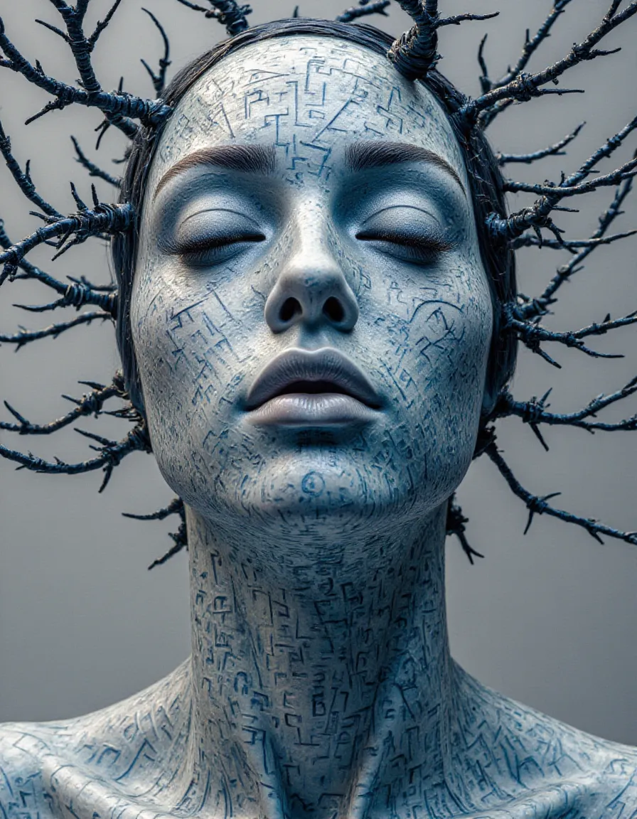 Close-up view of a grunge-style marble bust sculpture of a person's face and upper body with closed eyes, covered in abstract blue markings and wrapped with black thorny branches.