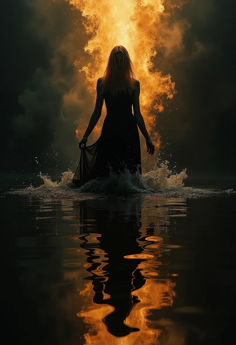 Silhouette of a woman standing in water with flames behind her, reflected in the water under dramatic orange and dark lighting